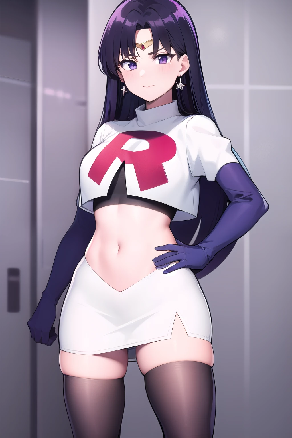 ReiHino, long hair, circlet, jewelry, kizukiAI, mature woman, crescent earrings, team rocket,team rocket uniform,white skirt,red letter R,crop top,black thigh-highs,black elbow gloves, earrings,
