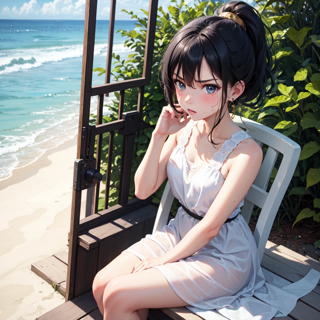 masterpiece, best quality, earrings, transparent, gold dress, black hair, small breasts, a girl, upper body, hot, sweaty, sitting, ponytail, looking at camera, hands on own chest, ocean, cruiser, sitting, angry