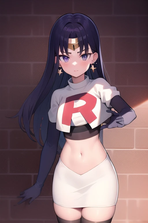 ReiHino, long hair, circlet, jewelry, kizukiAI, mature woman, crescent earrings, team rocket,team rocket uniform,white skirt,red letter R,crop top,black thigh-highs,black elbow gloves, earrings,