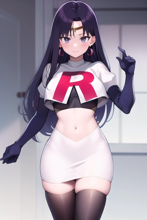 ReiHino, long hair, circlet, jewelry, kizukiAI, mature woman, crescent earrings, team rocket,team rocket uniform,white skirt,red letter R,crop top,black thigh-highs,black elbow gloves, earrings,