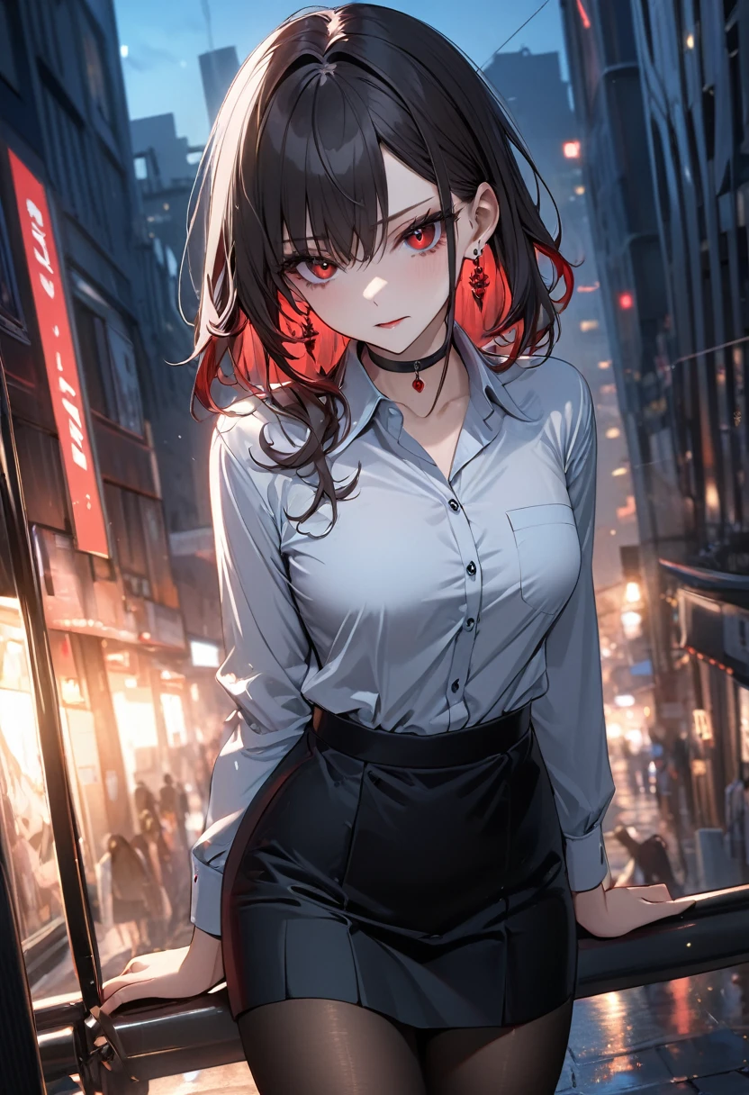 best quality, super_delicate, ultra detailed, beautiful, 8k , 1girl, red eyes, evil, business shirt, skirt, earrings, choker, black tights, night