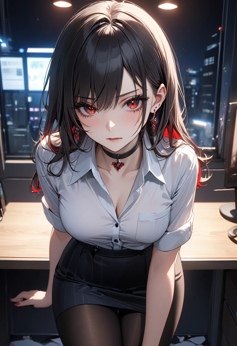 best quality, super_delicate, ultra detailed, beautiful, 8k , 1girl, red eyes, evil, business shirt, skirt, earrings, choker, black tights, night