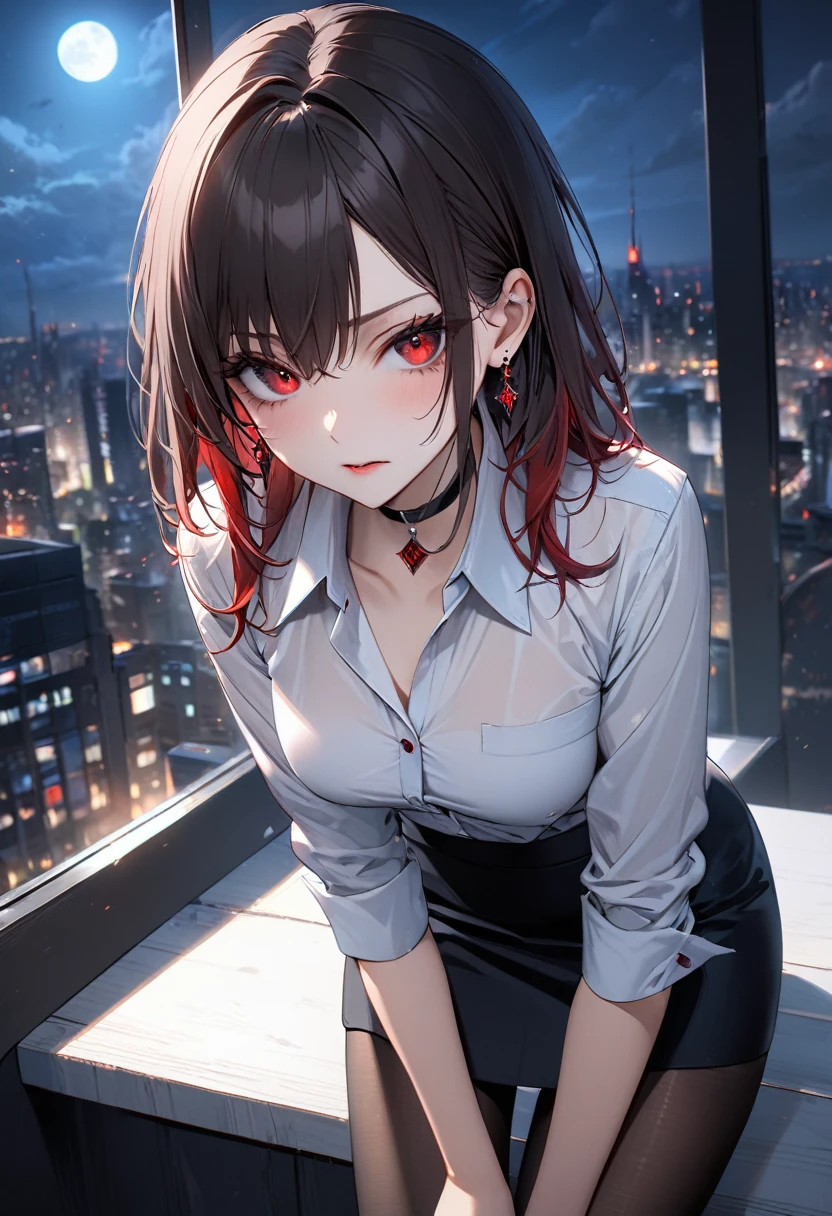 best quality, super_delicate, ultra detailed, beautiful, 8k , 1girl, red eyes, evil, business shirt, skirt, earrings, choker, black tights, night