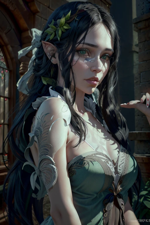 beautiful detailed eyes, beautiful detailed lips, extremely detailed eyes and face, longeyelashes, 1girl, elven, long black hair, braided hair, round face, green and white clothes, fantasy city, fantasy character, (best quality,4k,8k,highres,masterpiece:1.2),ultra-detailed,(realistic,photorealistic,photo-realistic:1.37),magical, enchanting, mystical, ethereal, imaginative, whimsical, vivid colors, dramatic lighting, intricate details