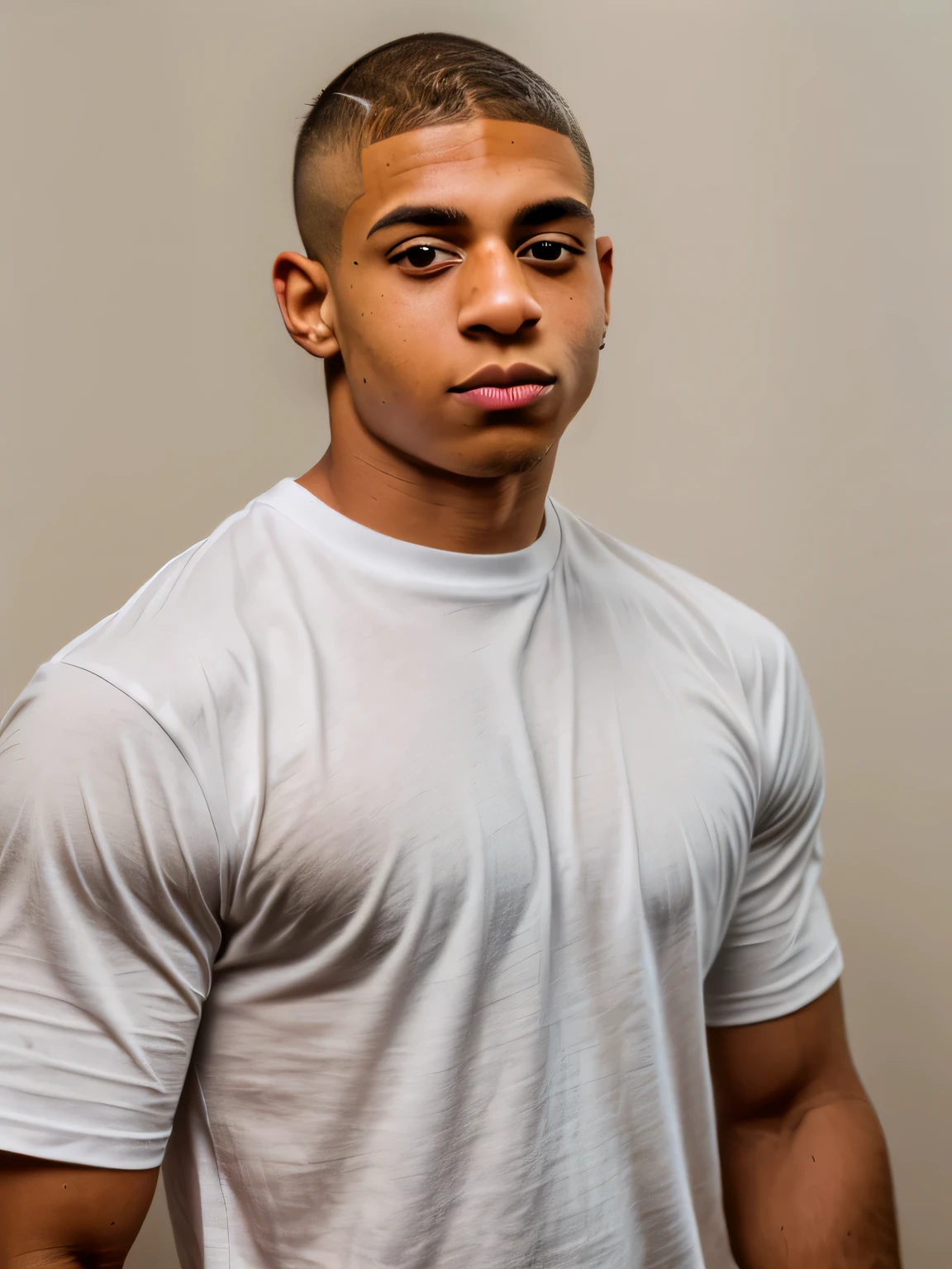 arafed man in a white shirt looking at the camera, lean man with light tan skin, centered shoulders up view, man in white t - shirt, head and shoulders view, young man with beautiful face, male model, dressed in a white t shirt, well-groomed model, with buzz cut hair, upper body portrait, wearing a light shirt,