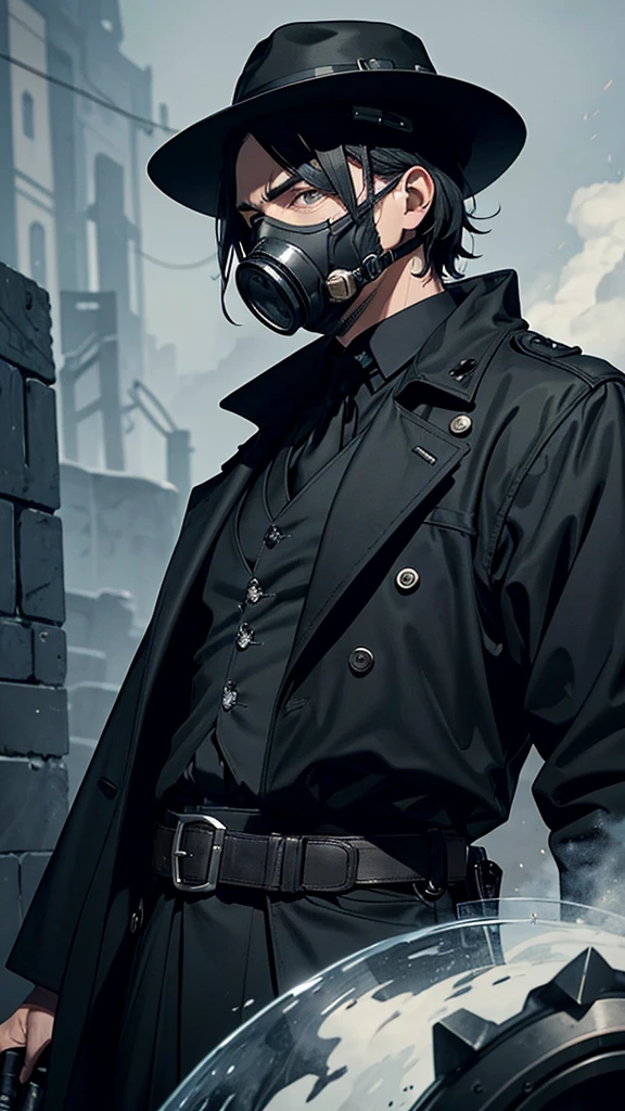 A man in clothes similar to the Black Death who is wearing a gas mask over his mouth, a black hat and a large pistol