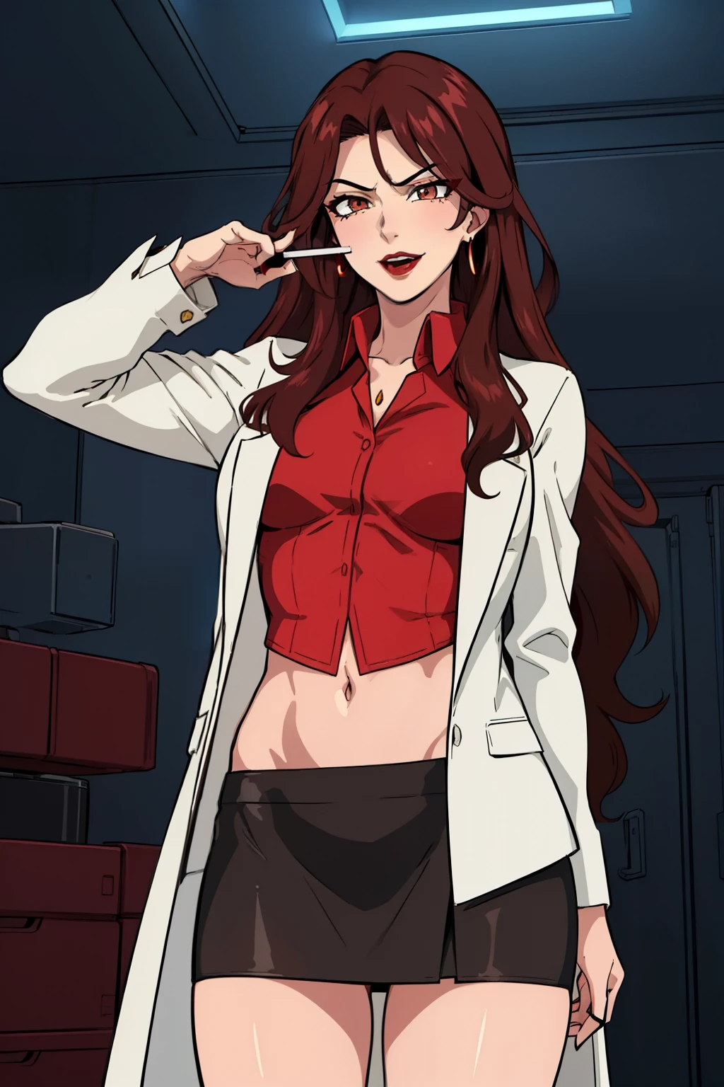 (Night:1.7),  smoking a cigarette in a room with a spaceship in the background
,holding a cigarette,
white_Long_coat,(red_collared_shirt:1.5), 
jewelry,midriff,gem,circlet,earrings,necklace,
brown_hair,brown_eyes,Very_long_hair,lipstick,makeup,red_lips,
1 girl, 20yo,mature female,Beautiful Finger,Beautiful long legs,Beautiful body,Beautiful Nose,Beautiful character design, perfect eyes, perfect face,
 blush, lipstick, Hot girl, baddie, staring, glaring, bad attitude, mean girl, crazy, smoking, sensual, attractive, masterpiece, best quality, highly detailed, a girls with a gun, open mouth, blazer, sexy gaze, (nsfw) not safe for work, badass pose , evil smile, smile, black bra, anime girl with long hair, long haired girl, navel, evil expression, exposed belly, exposed navel, exposed midriff, exposed lower belly, micro miniskirt, micro pencil skirt, pencil skirt ,holding a gun, holding pistol,