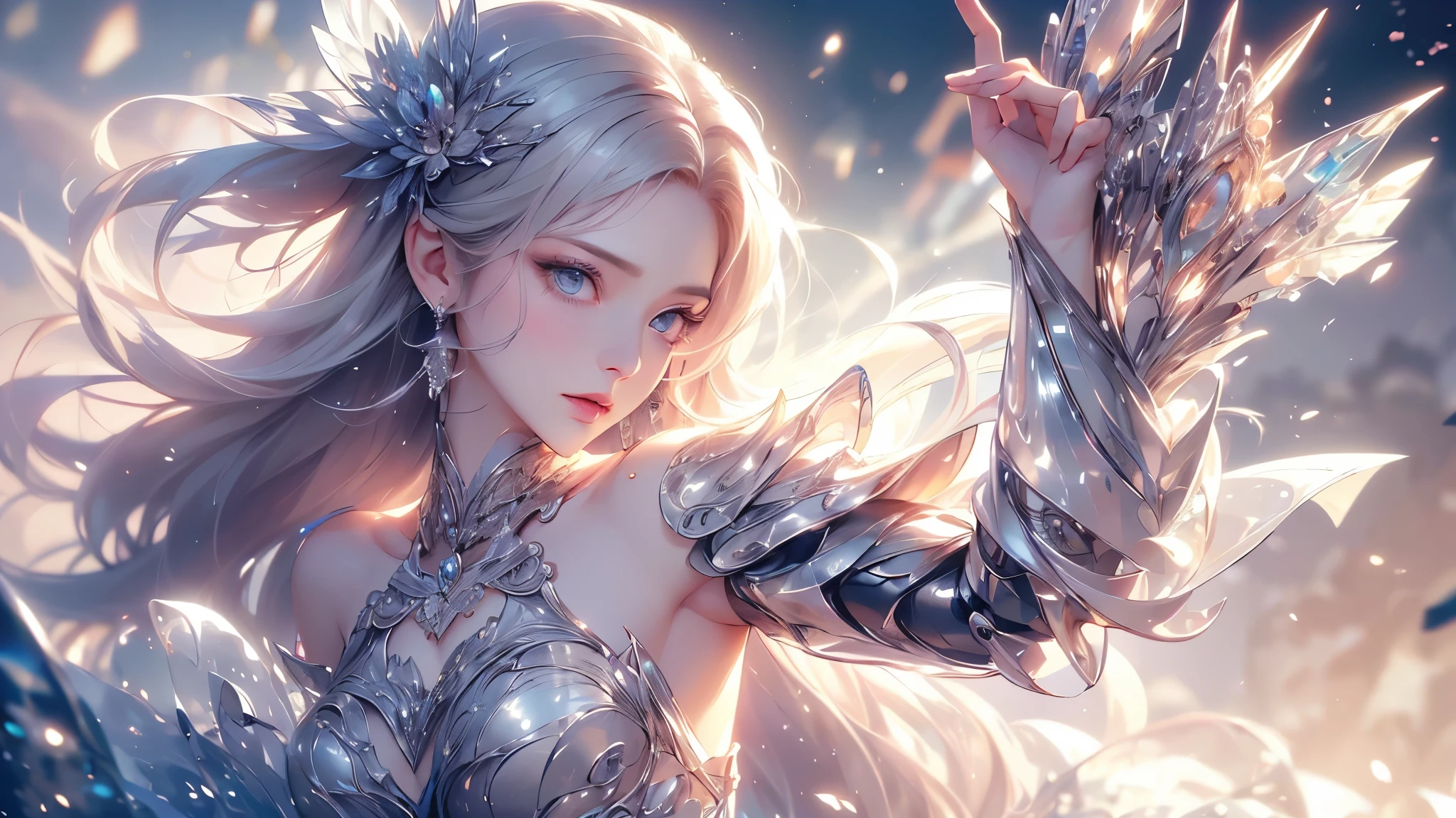 (((Tabletop))), (((Highest quality))), ((Very detailed)), (Very detailed写真), ((Very delicate and beautiful)),(Cute delicate face),here is a digital art of a very futuristic looking female that has armor and armss, One girl, arms, alone, sf, Holding, Holding arms, robot,Beautiful face and eyes, double eyelid,Delicate skin,Slim figure