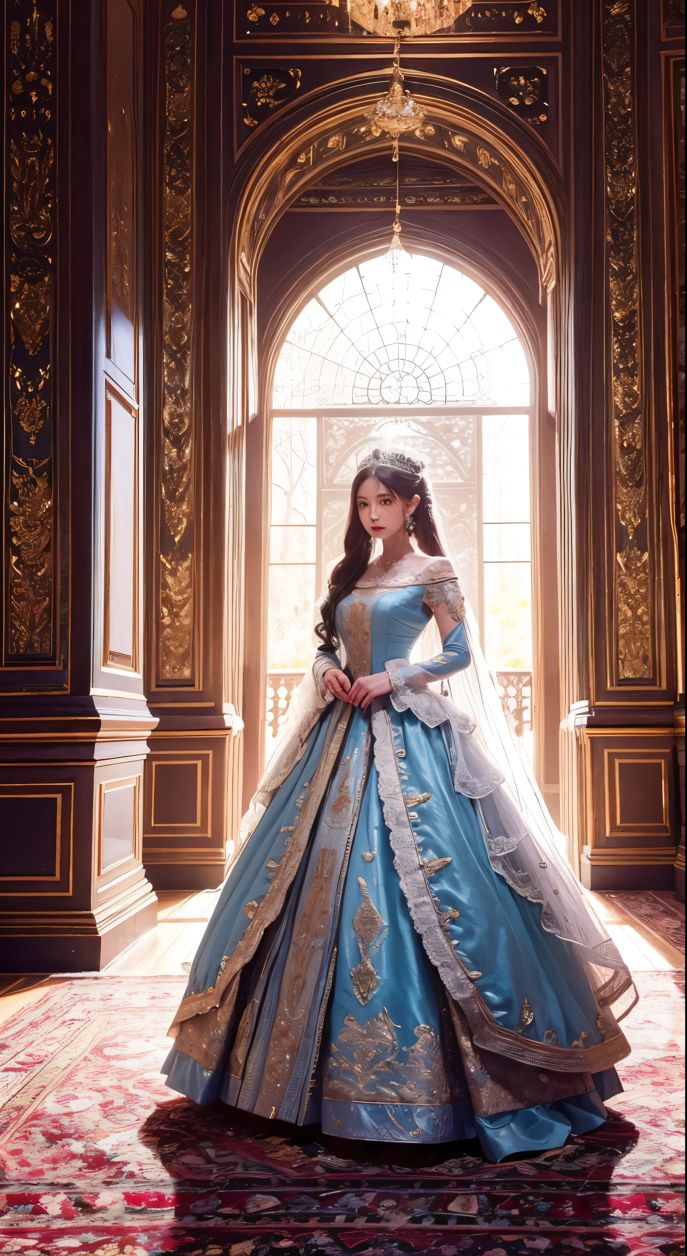 young intricate woman in royal palace, art by Ivan Aivazovsky, wide angle lens f/2.8, ultra insane high resolution intricate textures, texture indentation, perfect perspective, perfect geometry, ultra insane ambient lighting, ultra insane ambient shadows, luminism, ultra detailed busy background, tessellation, maximalism, perfectionism, IPA Award wining masterpiece,