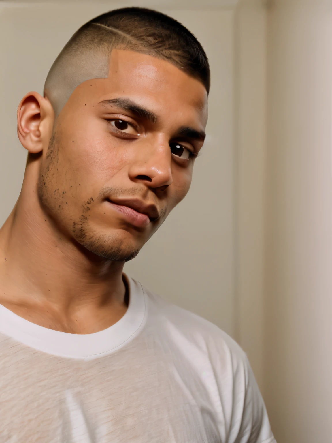 arafed man in a white shirt looking at the camera, lean man with light tan skin, centered shoulders up view, man in white t - shirt, head and shoulders view, young man with beautiful face, male model, dressed in a white t shirt, well-groomed model, with buzz cut hair, upper body portrait, wearing a light shirt, from side,
