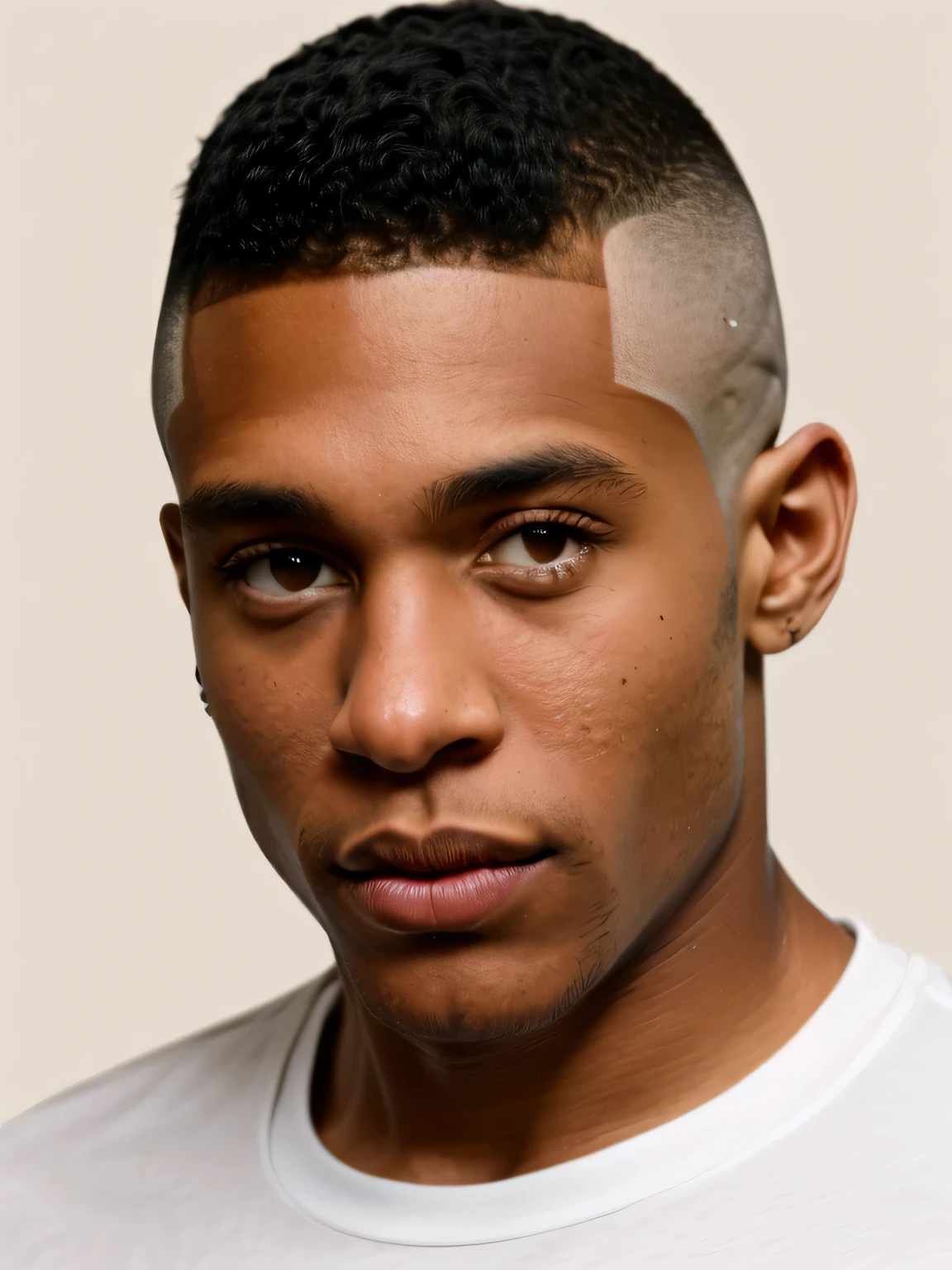 arafed man in a white shirt looking at the camera, lean man with light tan skin, centered shoulders up view, man in white t - shirt, head and shoulders view, young man with beautiful face, male model, dressed in a white t shirt, well-groomed model, with buzz cut hair, upper body portrait, wearing a light shirt, from side,