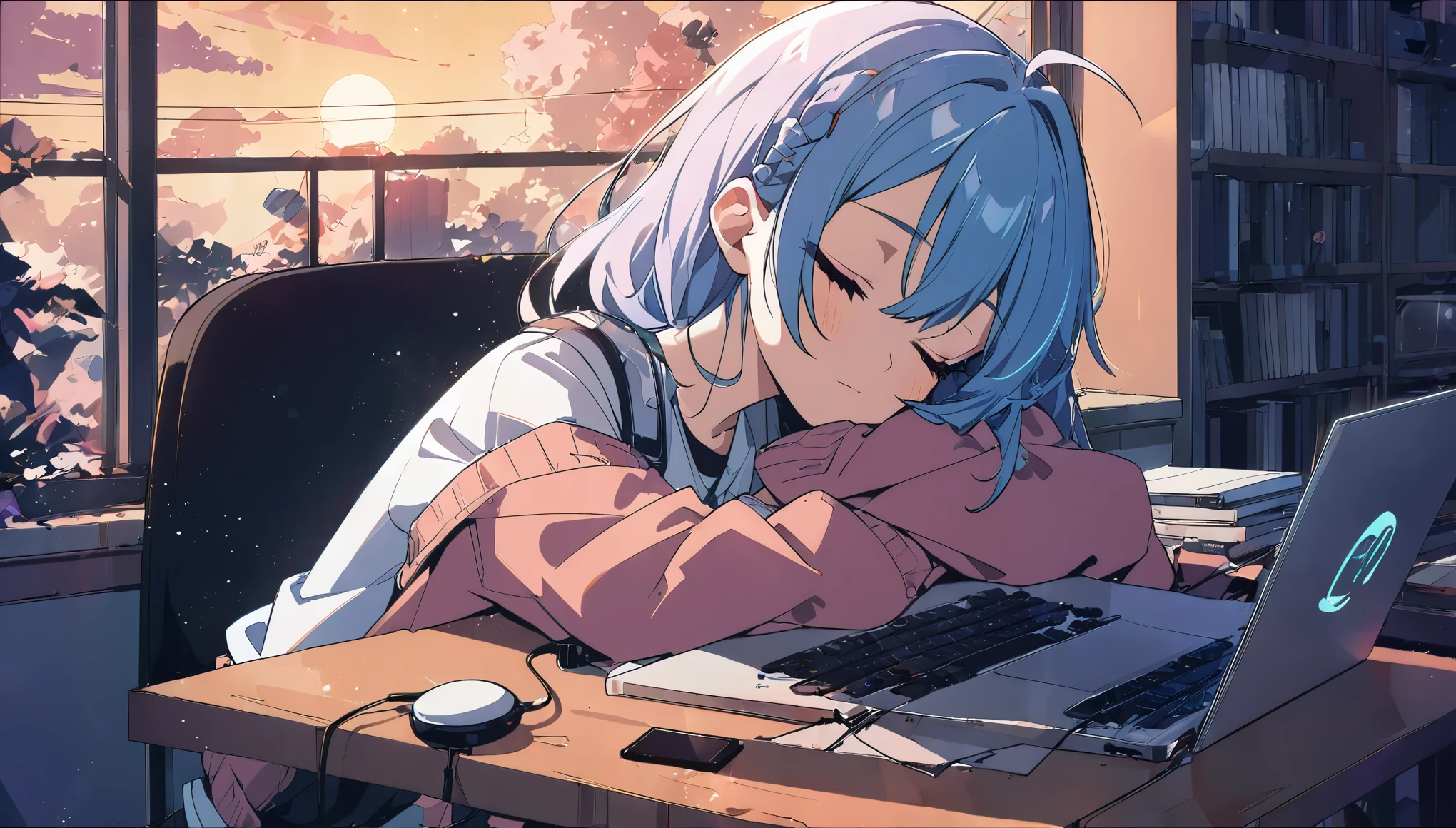 Anime girl sleeping on a desk with a small laptop, Nightcore, Lo-fi art style, LOFI Girl, Anime Style 4k, Anime Aesthetics, Anime atmosphere, anime art wallpaper 4k, anime art wallpaper 4k, Lo-fi feeling, relaxed mood, Gweiz-style artwork, Portrait of Rofi,8k,Use more computers