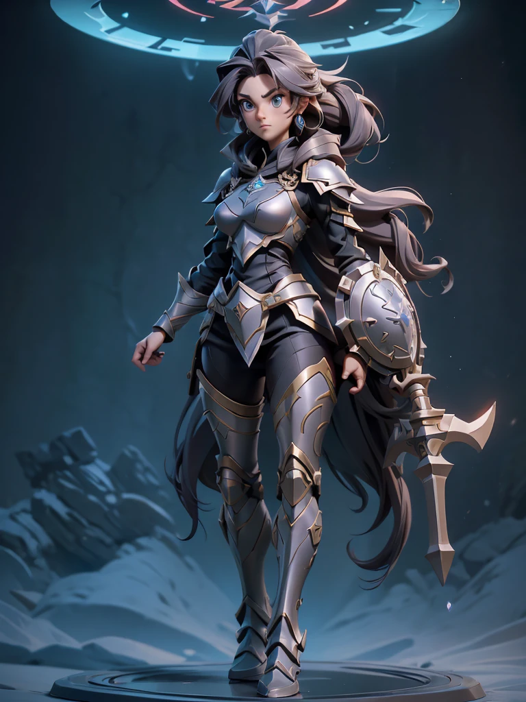 Design a layout showcase Gaming character, (1girl). A female paladin with long dark hair tied back, wearing a suit of armor, wielding a mace, and holding a shield ((full_body_shot:1.4)))
