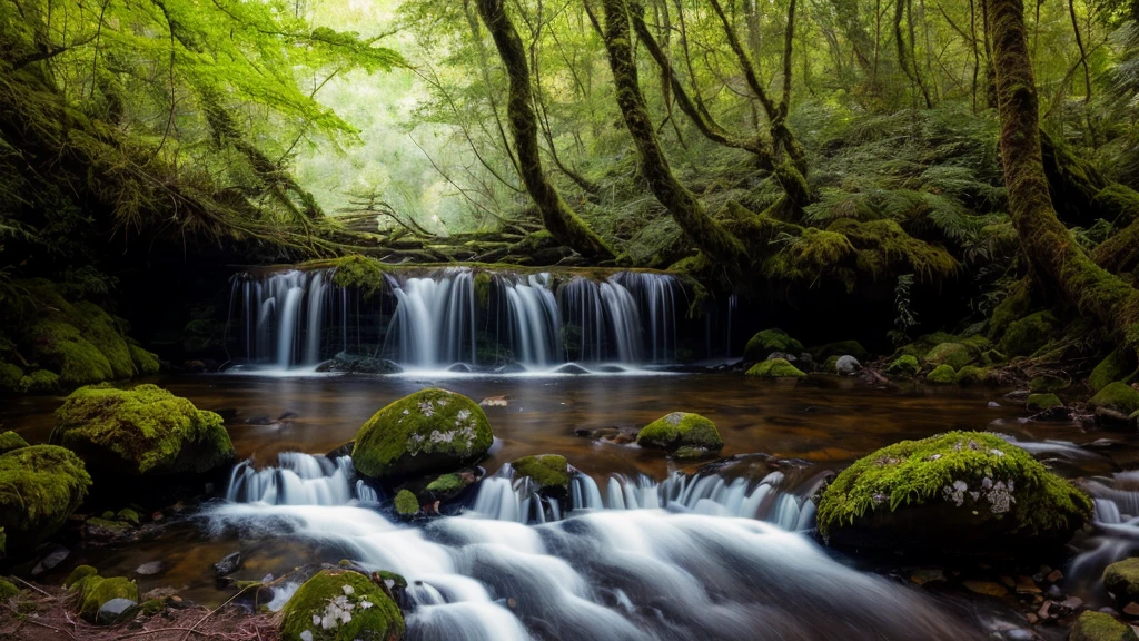 RAW photos of landscapes、details、Virtual image、Hyper-realistic photography、8k uh、SLR digital camera、soft light、High quality、Film pellets、fujifilmxt3、(Masterpiece)、The Woods、Clear Flow、moss stone、negative ions,