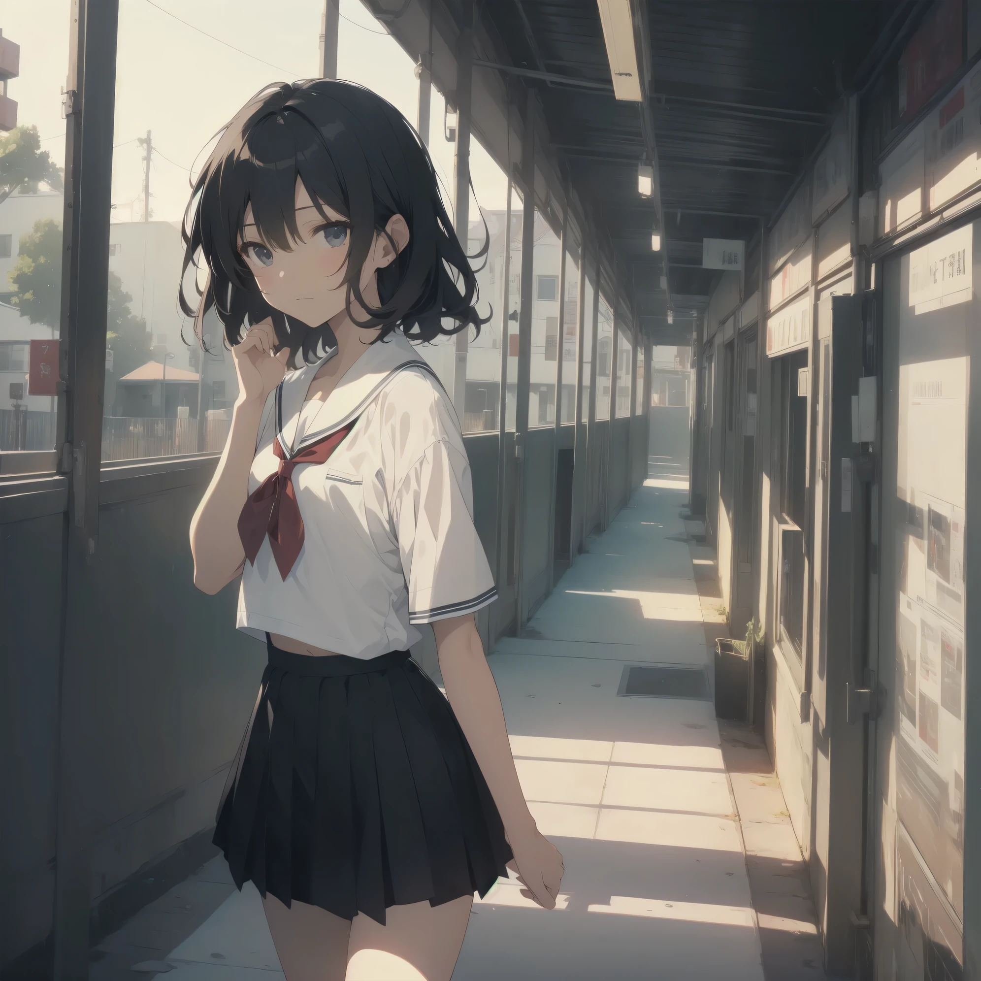 ultra-absurdres-Top quality by artist God, ultra-detailed, high resolution, anime moe artstyle, best anime 8k konachan wallpaper, pixiv contest winner, pool:2810, perfect anatomy,break, 1girl, (Please draw a girl walking sleepily to school alone. )break,(Solo,little female, :1.3),Full limbs, complete fingers,a junior high school student, (very short hair), short cut, flat chest, , small butt, smallck eyes, beautiful detailed eyes, well-proportioned iris and pupils, expressive eyes, highres detailed hair, soft expression, salor school_uniform, sailor collar, serahuku, bow, pleated skirt,(Detailed Lighting), (Detailed background), in the School commute route. break,super detailed skin, Best cinematic lighting powered by famous artist, 8k,beauty illustration,photoshop_(medium),very aesthetic,break,((artist:haruhisky )), artist:clamp ,artist:carnelian ,artist:kantoku ,