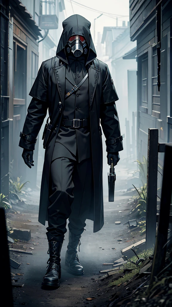 A man in clothes similar to the Black Death who is wearing a gas mask over his mouth, a black hat and a large pistol 