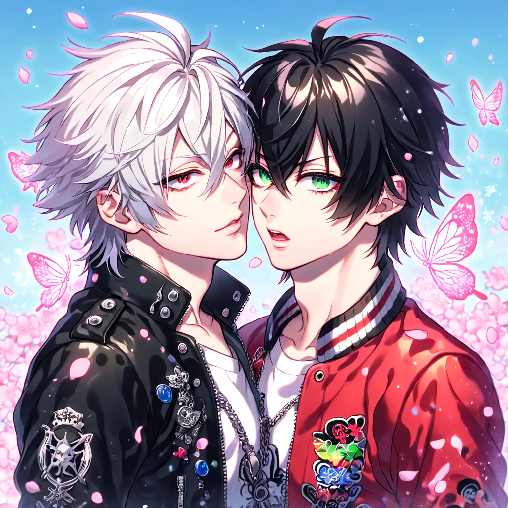 absurdres, highres, ultra detailed, HDR, master piece, best quality, extremely detailed, Aohitsugi Samatoki, chin length white hair, expressive red eyes, long eyelashes, Hypnosis Mic, Yamada Ichiro, chin length black hair, expressive green eyes, black leather jacket, red varsity jacket, two sexy men together, yaoi, gay couple, handsome, fantasy, water, pink snowflakes, pink ice butterflies, pink petals, pink flowers, blue sky