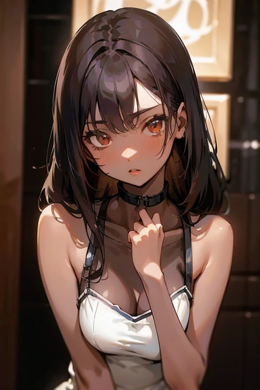 a 20-year-old woman, with dark skin color, black hair down to her shoulders, and brown eyes