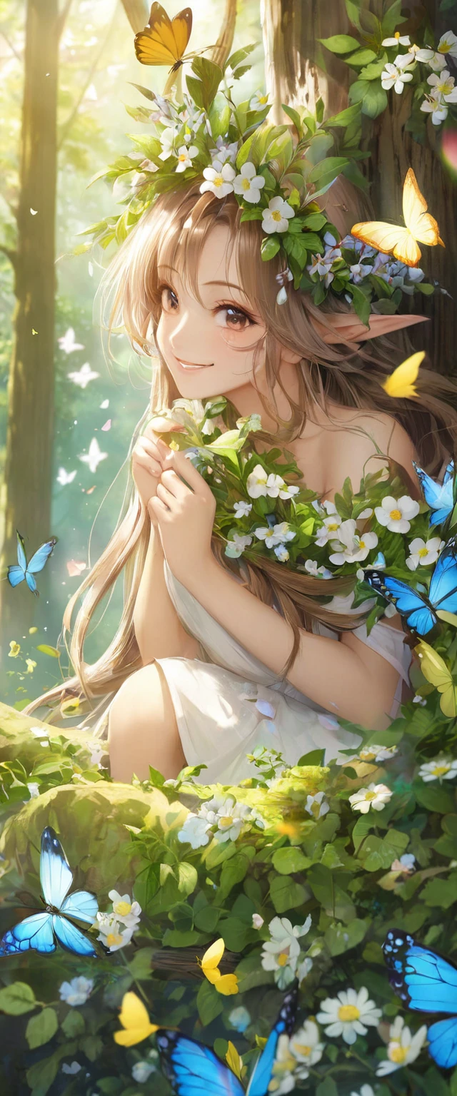 A girl, Dryad, Wood hair, Butterfly、petal、Smile