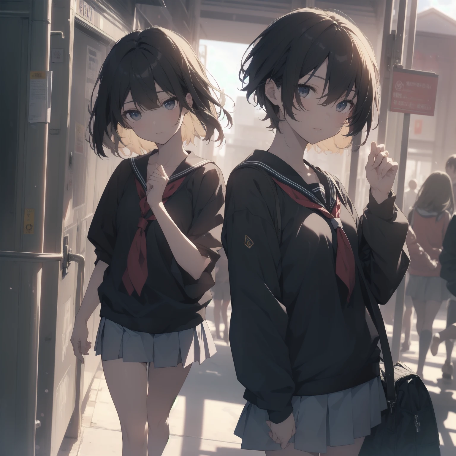 ultra-absurdres-Top quality by artist God, ultra-detailed, high resolution, anime moe artstyle, best anime 8k konachan wallpaper, pixiv contest winner, pool:2810, perfect anatomy,break, 1girl, (Please draw a girl walking sleepily to school alone. )break,(Solo,little female, 13-year-old:1.3),Full limbs, complete fingers,a junior high school student, (very short hair), short cut, flat chest, , small butt, small black eyes, beautiful detailed eyes, well-proportioned iris and pupils, expressive eyes, highres detailed hair, soft expression, salor school_uniform, sailor collar, serahuku, bow, pleated skirt,(Detailed Lighting), (Detailed background), in the School commute route. break,super detailed skin, Best cinematic lighting powered by famous artist, 8k,beauty illustration,photoshop_(medium),very aesthetic,break,((artist:haruhisky )), artist:clamp ,artist:carnelian ,artist:kantoku ,