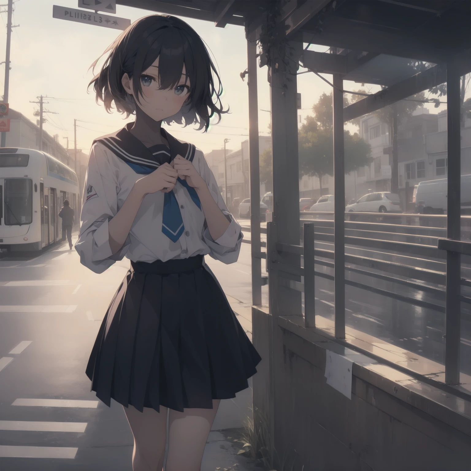 ultra-absurdres-Top quality by artist God, ultra-detailed, high resolution, anime moe artstyle, best anime 8k konachan wallpaper, pixiv contest winner, pool:2810, perfect anatomy,break, 1girl, (Please draw a girl walking sleepily to school alone. )break,(Solo,little female, :1.3),Full limbs, complete fingers,a junior high school student, (very short hair), short cut, flat chest, , small butt, smallck eyes, beautiful detailed eyes, well-proportioned iris and pupils, expressive eyes, highres detailed hair, soft expression, salor school_uniform, sailor collar, serahuku, bow, pleated skirt,(Detailed Lighting), (Detailed background), in the School commute route. break,super detailed skin, Best cinematic lighting powered by famous artist, 8k,beauty illustration,photoshop_(medium),very aesthetic,break,((artist:haruhisky )), artist:clamp ,artist:carnelian ,artist:kantoku ,