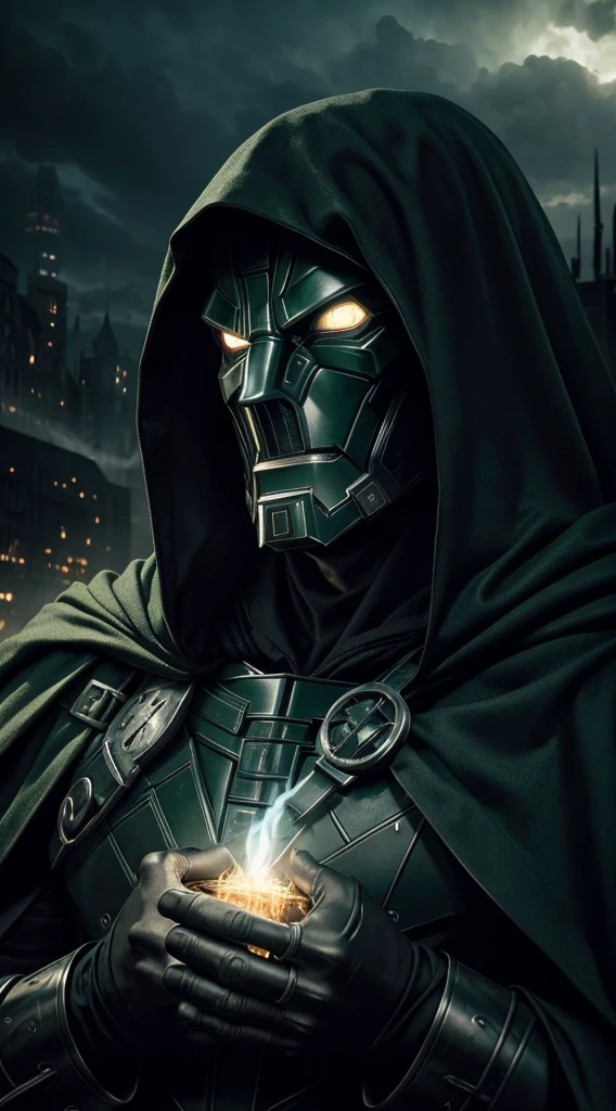 Doctor Doom Marvel, 35mm lens, photography, ultra-detailed, HDR, UHD, 8K, portraits, dark atmosphere, menacing expression, black cloak, iconic metal mask, glowing green eyes, intricate armor, smoke effects, dynamic pose, ruined cityscape, dramatic lighting, intense shadows, vibrant colors