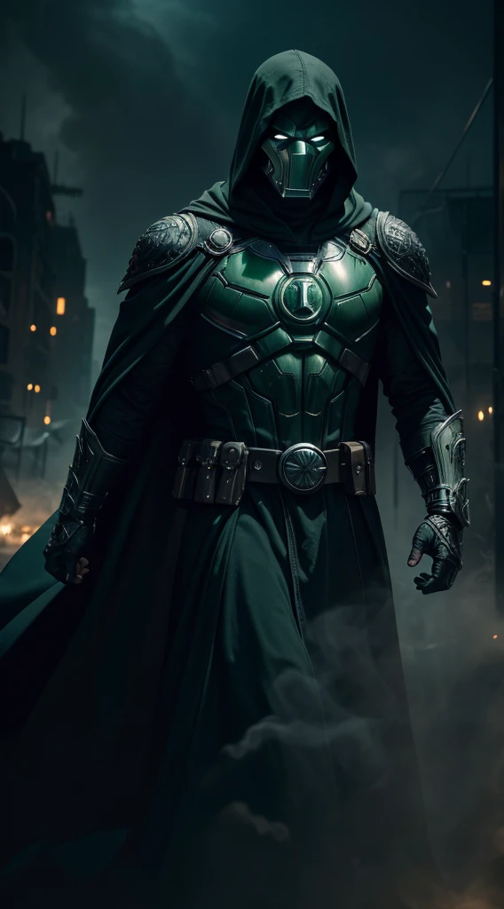 Doctor Doom Marvel, 35mm lens, photography, ultra-detailed, HDR, UHD, 8K, portraits, dark atmosphere, menacing expression, black cloak, iconic metal mask, glowing green eyes, intricate armor, smoke effects, dynamic pose, ruined cityscape, dramatic lighting, intense shadows, vibrant colors