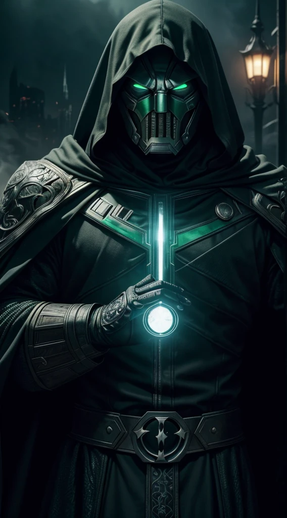 Doctor Doom Marvel, 35mm lens, photography, ultra-detailed, HDR, UHD, 8K, portraits, dark atmosphere, menacing expression, black cloak, iconic metal mask, glowing green eyes, intricate armor, smoke effects, dynamic pose, ruined cityscape, dramatic lighting, intense shadows, vibrant colors