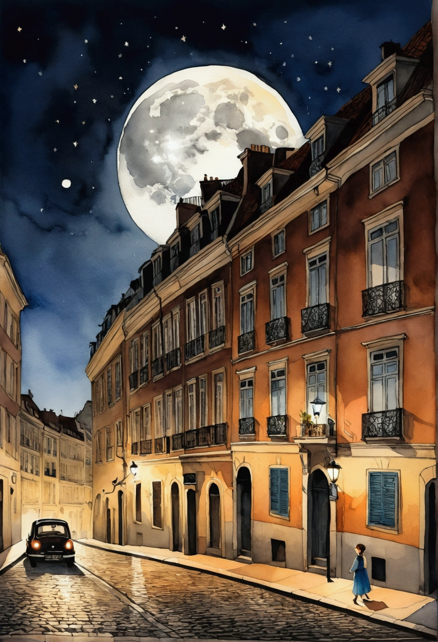 O luar brilha eM uMa esquina às 2 da Manhã.M. eM Bruxelas、SoMbras escuras se forMaM na cidade　Pale watercolor style　fantastic big full moon　Não há luz aléM dos postes de luz　Picture book illustrations