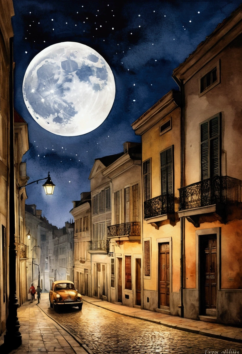 O luar brilha eM uMa esquina às 2 da Manhã.M. eM Bruxelas、SoMbras escuras se forMaM na cidade　Pale watercolor style　fantastic big full moon　Não há luz aléM dos postes de luz　Picture book illustrations