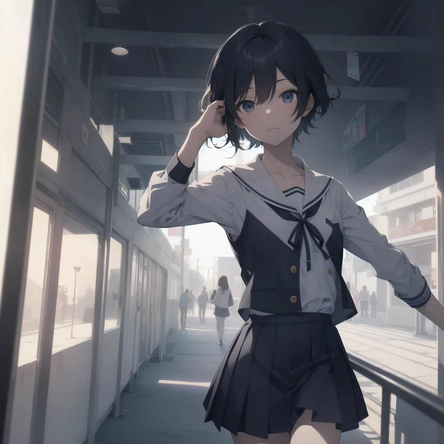 ultra-absurdres-Top quality by artist God, ultra-detailed, high resolution, anime moe artstyle, best anime 8k konachan wallpaper, pixiv contest winner, pool:2810, perfect anatomy,break, 1girl, (Please draw a girl walking sleepily to school alone. )break,(Solo,little female, 13-year-old:1.3),Full limbs, complete fingers,a junior high school student, (very short hair), short cut, flat chest, , small butt, small black eyes, beautiful detailed eyes, well-proportioned iris and pupils, expressive eyes, highres detailed hair, soft expression, salor school_uniform, sailor collar, serahuku, bow, pleated skirt,(Detailed Lighting), (Detailed background), in the School commute route. break,super detailed skin, Best cinematic lighting powered by famous artist, 8k,beauty illustration,photoshop_(medium),very aesthetic,break,((artist:haruhisky )), artist:clamp ,artist:carnelian ,artist:kantoku ,
