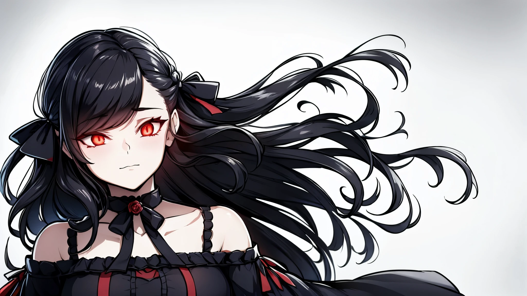 ((masterpiece, best quality)),best aesthetic,1girl, solo, long hair, black dress, flower, ribbon, black background, black hair, rose, hair ribbon, red glowing eyes, detailed eyes, high quality eyes, long sleeves, white rose, closed mouth, black ribbon, upper body, cinematic lighting