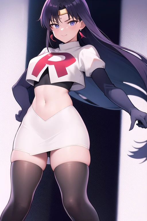 ReiHino, long hair, circlet, jewelry, kizukiAI, mature woman, crescent earrings, team rocket,team rocket uniform,white skirt,red letter R,crop top,black thigh-highs,black elbow gloves, earrings,