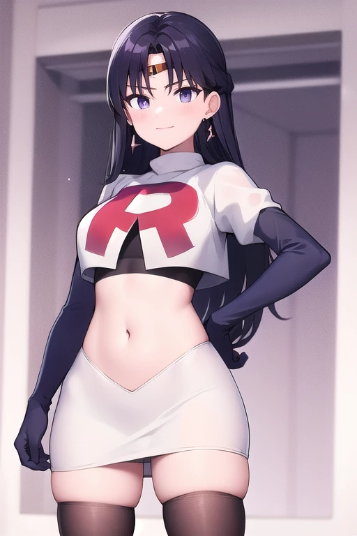 ReiHino, long hair, circlet, jewelry, kizukiAI, mature woman, crescent earrings, team rocket,team rocket uniform,white skirt,red letter R,crop top,black thigh-highs,black elbow gloves, earrings,