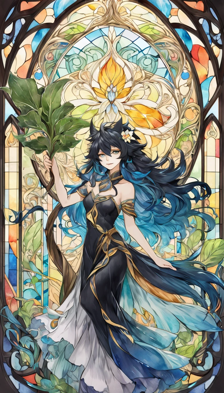 Playing with the tides,Luxray, Split Color Hair, Wind, 舞い散るflowerびら, Stained Glass AI, Decorative, Intricate details, Dukhkova, 2D, Line art, watercolor, ink watercolor, Random color hair, Super long hair, Wavy, One girl,Mandrake,flower, Mandrake,  