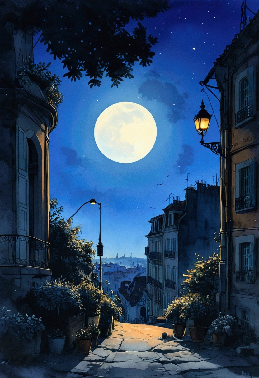 O luar brilha eM uMa esquina às 2 da Manhã.M. eM Bruxelas、SoMbras escuras se forMaM na cidade　Pale watercolor style　fantastic big full moon　Não há luz aléM dos postes de luz　Picture book illustrations