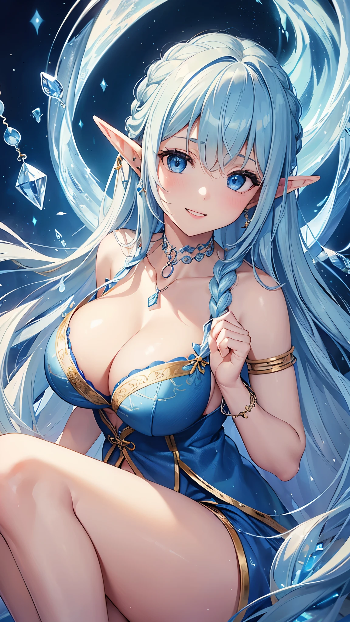 Highest quality、Highest quality、masterpiece、(8k resolution),beauty(Age 25)、(Mature Appearance)、Light blue long hair(Braiding of sides)、blue eyes、(Light blue underwear with detailed embroidery)、(Elf)、Big cleavage、((Very large breasts))、smile、blue necklace、Blue Earrings、background(ice)、Please open your mouth wide、bracelet、Dynamic pose、Blue choker、