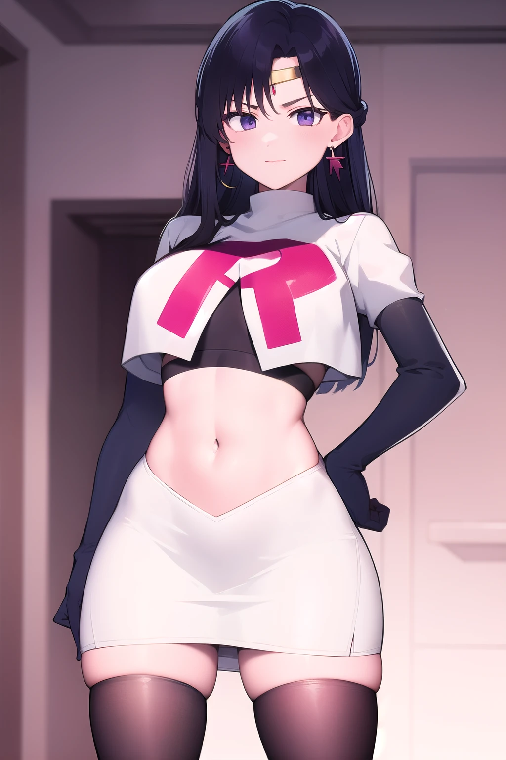 ReiHino, long hair, circlet, jewelry, kizukiAI, mature woman, crescent earrings, team rocket,team rocket uniform,white skirt,red letter R,crop top,black thigh-highs,black elbow gloves, earrings,