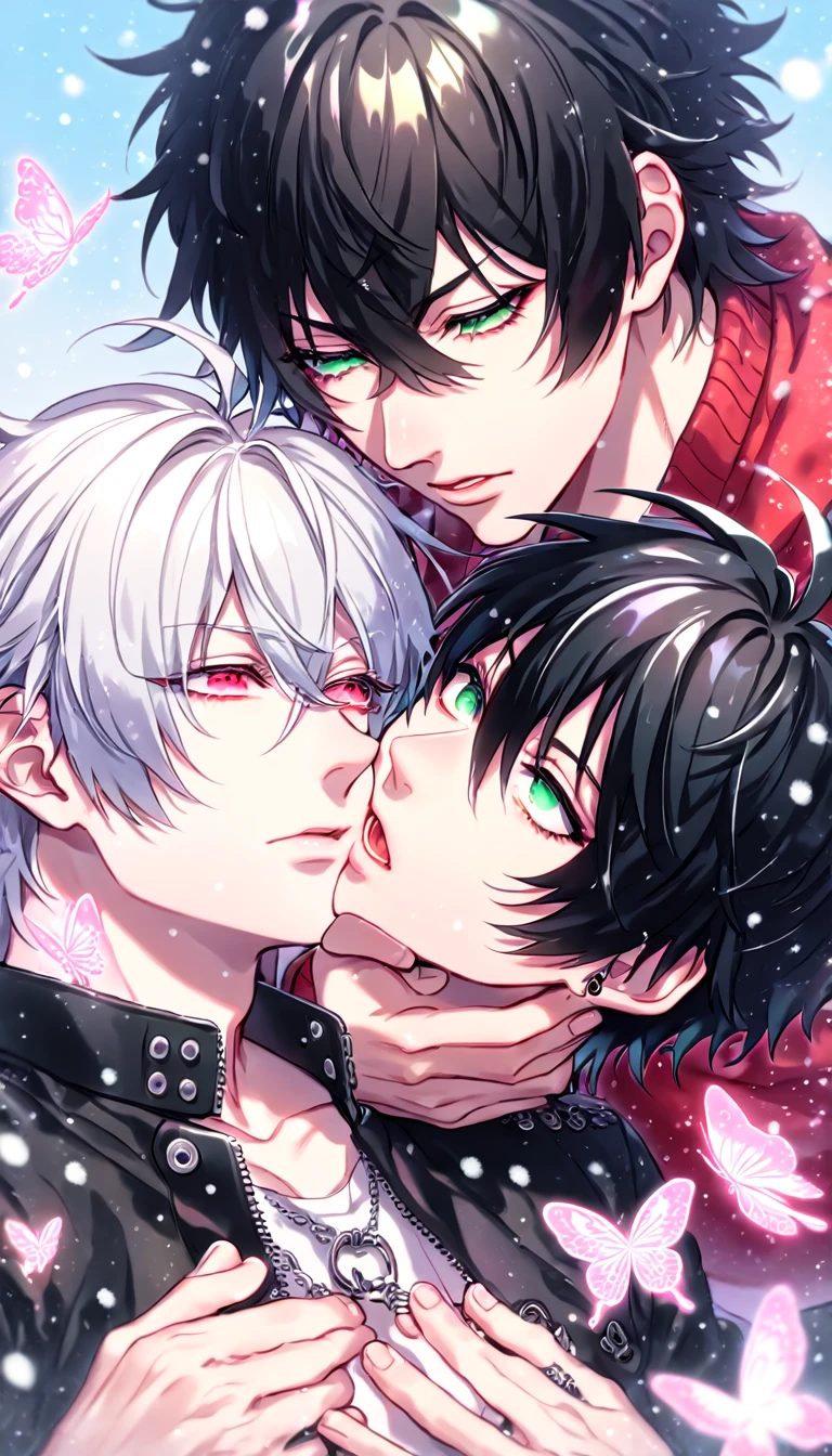 absurdres, highres, ultra detailed, HDR, master piece, best quality, extremely detailed, Aohitsugi Samatoki, chin length white hair, expressive red eyes, long eyelashes, Hypnosis Mic, Yamada Ichiro, chin length black hair, expressive green eyes, black leather jacket, red varsity jacket, two sexy men together, yaoi, gay couple, handsome, fantasy, snow, snowing, pink snowflakes, pink ice butterflies, pink petals, pink ice flowers, blue sky