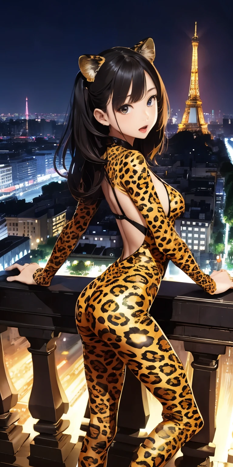 Realistically、On all fourouth open and sexy expression、Tail Emphasis、*********** girl、Emphasis on breast valley、Wearing a full-body leopard print bodysuit、Various sexy poses、Background Eiffel Tower at night