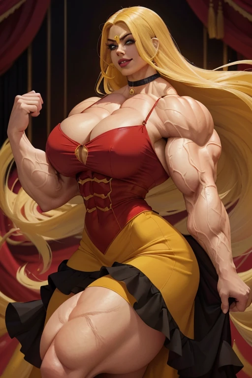((Close-up)), tall, (yellow hair) beautiful muscular latin woman, long flowing hair, light brown skinned, closed smile, (black lipstick), (massive muscles), (hyper muscle), (ginormous bulky muscles), gray eyes, ((red flamenco-inspired dress, long skirt)), (red and vibrant environment:1.3), choker, high heels, in a red room filled with roses,