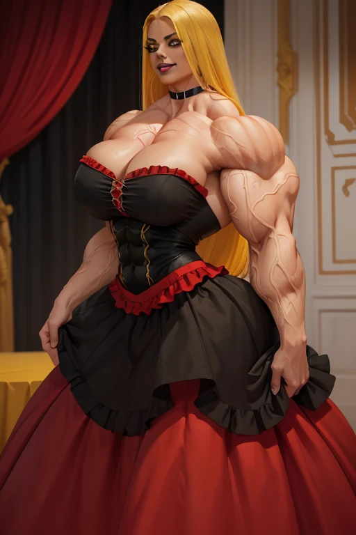 ((Close-up)), tall, (yellow hair) beautiful muscular latin woman, long flowing hair, light brown skinned, closed smile, (black lipstick), (massive muscles), (hyper muscle), (ginormous bulky muscles), gray eyes, ((red flamenco-inspired dress, long skirt)), (red and vibrant environment:1.3), choker, high heels, in a red room filled with roses, 