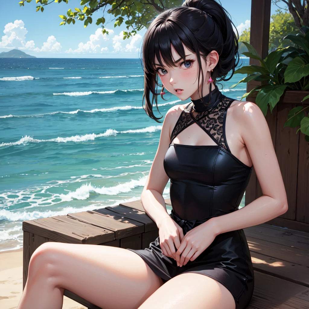 masterpiece, best quality, earrings, black dress, black hair, small breasts, a girl, upper body, hot, sweaty, sitting, ponytail, looking at camera, hands on own chest, ocean, Facing forward, legs apart, angry, Show your crotch