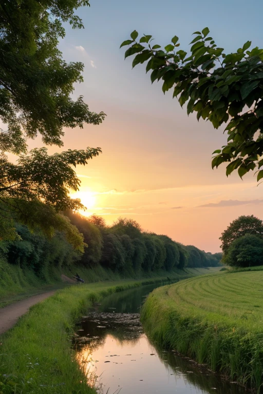 Countryside,sunset,riverside,lush greenery