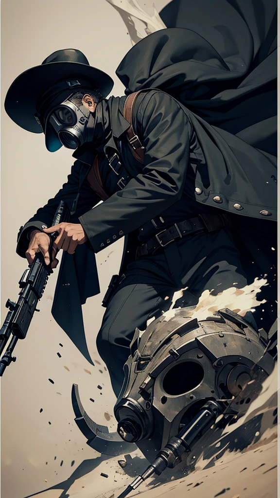 A man in clothes similar to the Black Death who is wearing a gas mask over his mouth, a black hat with a shotgun and is taking possession of the weapon