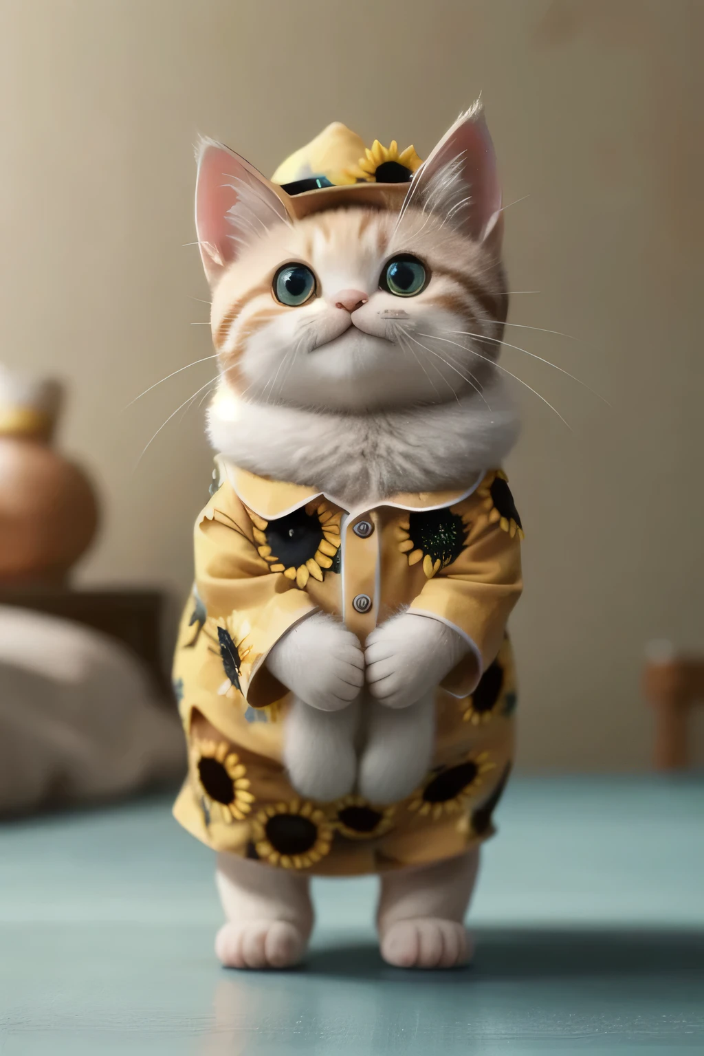 masterpiece,high quality,Cute chubby pale kitten,On your stomach,View from the front、Stand on two legs、Clean background,She is wearing feminine sunflower pajamas.、Cute Hats、Place your hands at your sides、Wearing a skirt、upright、smile