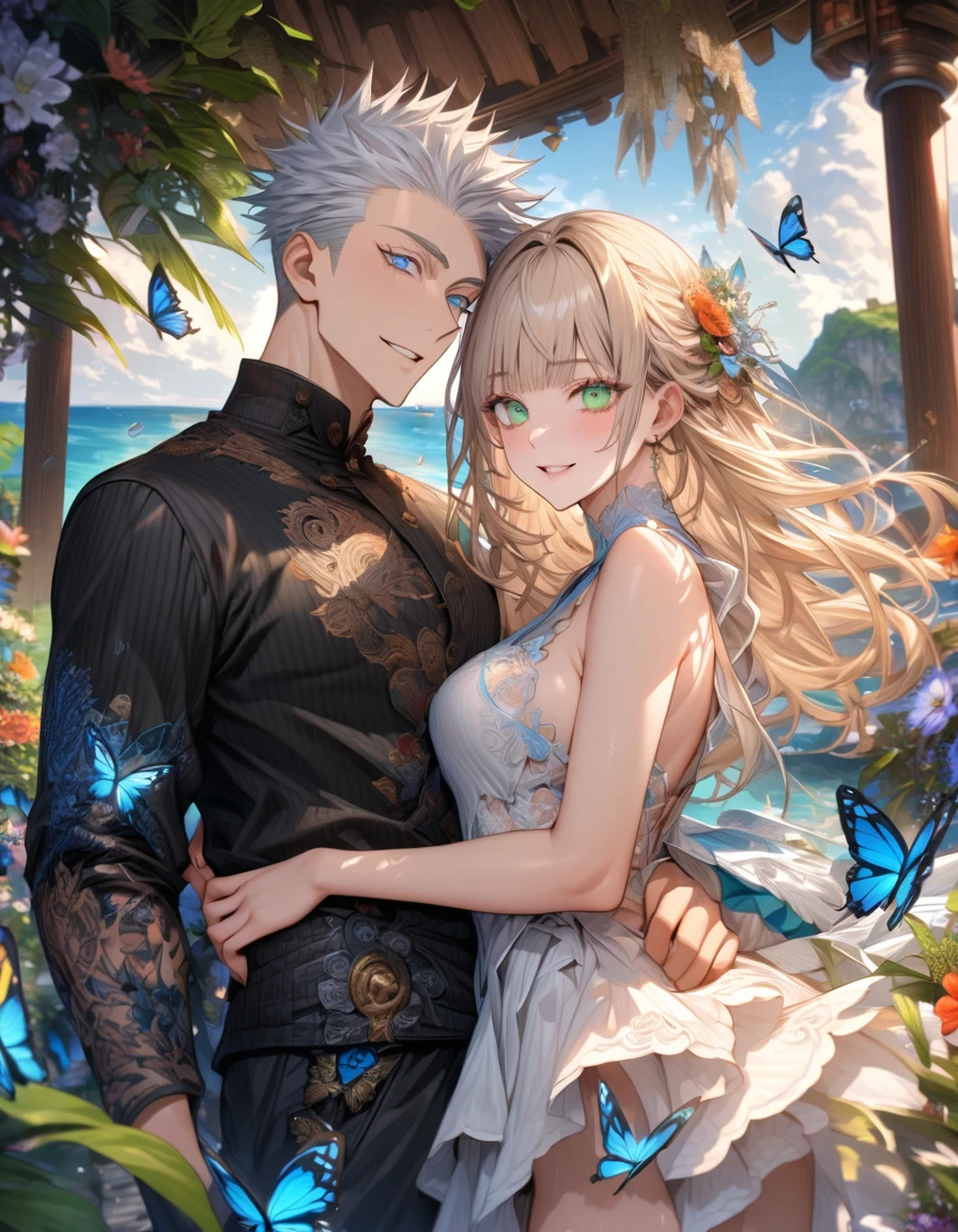 Ultra detailed, HDR, Highres, absurdres, master piece, Aida, ash blonde hair with bangs, expressive green eyes, Gojou Satoru, white hair with bangs, expressive blue eyes, black shirt, white dress with patterns, Jujutsu Kaisen, flowers, butterflies, fantasy, magical, green leaves, summer, a beautiful woman together with a handsome man, couple, love, sensual, island, sexy, smiling