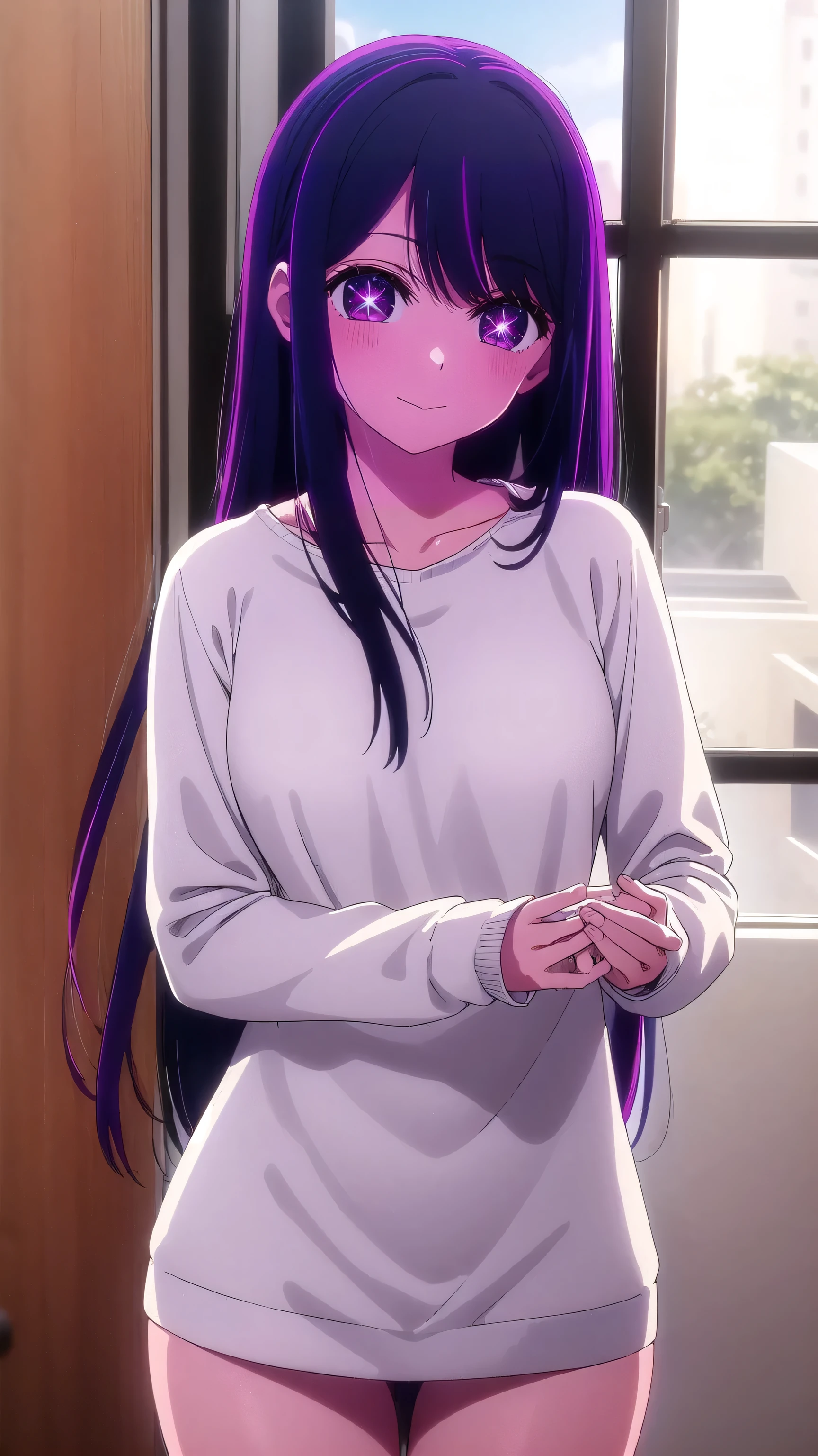 aihoshino, Ai Hoshino, Long Hair, bangs, (Purple eyes:1.1), Blue hair that is almost black, (Symbol-shaped pupil:1.5), smile, break long sleeves, sweater, ribbed sweater, camisole, white camisole, break indoors, break looking at viewer, (Cowboy Shot:1.5), break (masterpiece:1.2), Highest quality, High resolution, unity 8k wallpaper, (figure:0.8), (Beautiful attention to detail:1.6), Highly detailed face, Perfect lighting, Highly detailed CG, (Perfect hands, Perfect Anatomy),
