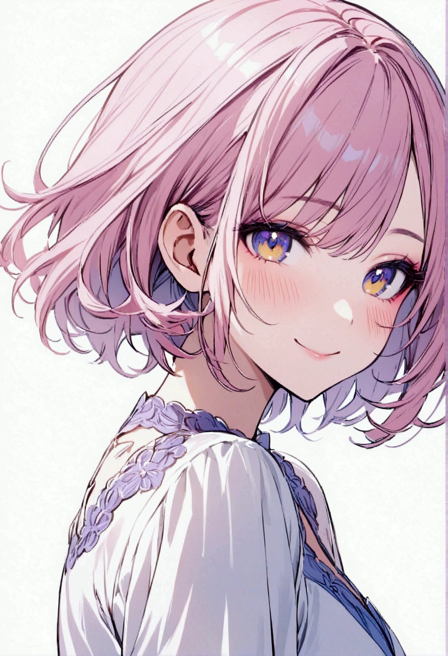 Young woman, short hair, pink-yellow hair, blue-purple-yellow eyes, Blue Makeup, white shirt, simple background, smiling, blushing, half body
