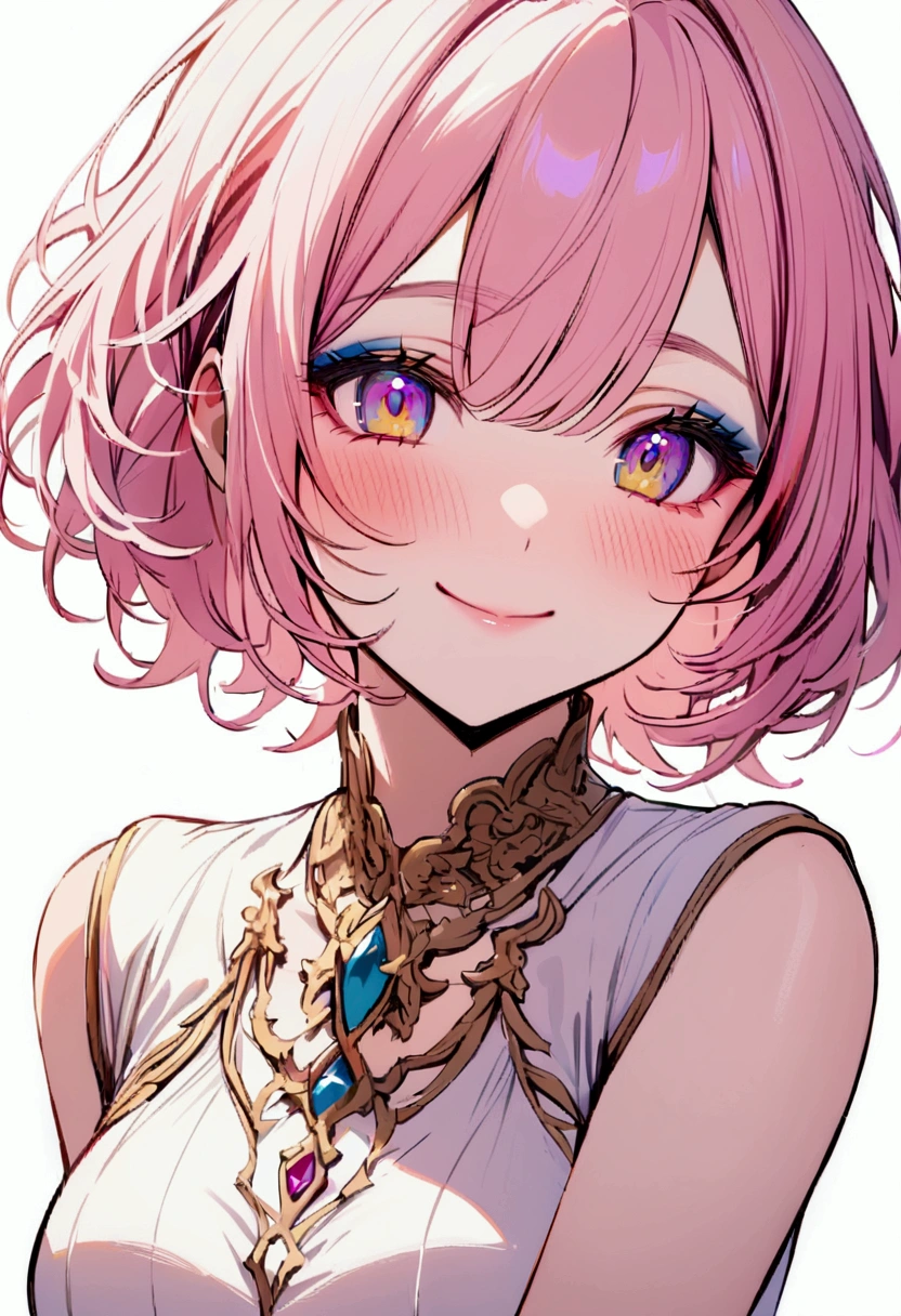 Young woman, short hair, pink-yellow hair, blue-purple-yellow eyes, Blue Makeup, white shirt, simple background, smiling, blushing, half body